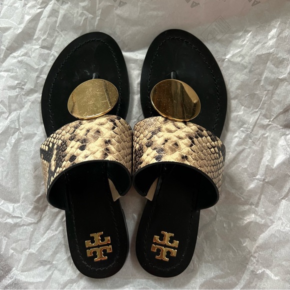 🍉Tory Burch Patos Disk Leather Sandal Desert Roccia Black Snake Embossed - Picture 7 of 8